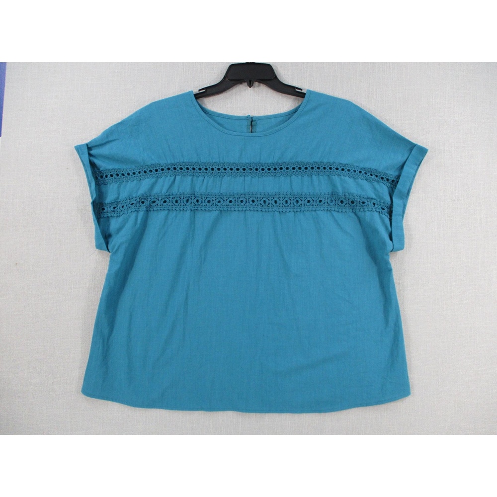 Teal Eyelet Trim Cuffed Sleeve Boho Chic Casual Blouse Top Womens 2XL